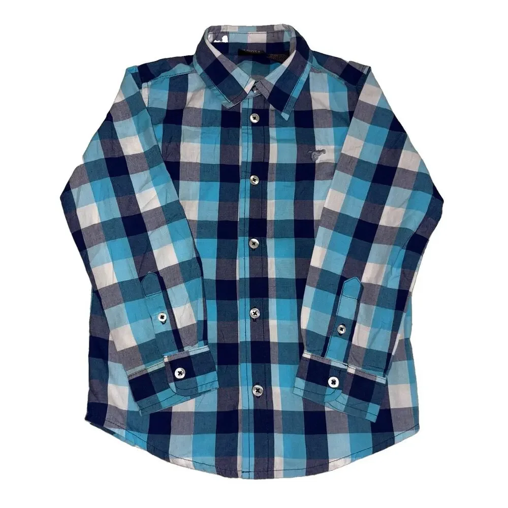 Wrangler Toddler Boys Plaid Button Up Shirt Blue Horse Logo 5T Long Sleeve